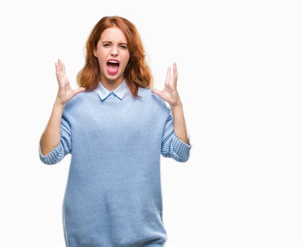 Giovane Bella Donna Sfondo Isolato Indossa Maglione Invernale Che Celebra — Foto Stock