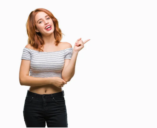 Jovem Bela Mulher Sobre Fundo Isolado Com Grande Sorriso Rosto — Fotografia de Stock