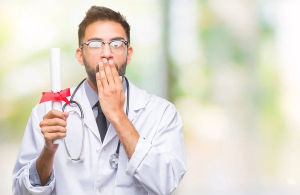 Adult Hispanic Doctor Man Holding Degree Isolated Background Cover Mouth — Stock Photo, Image