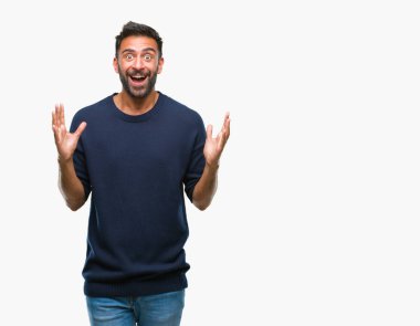 Deli kutluyor ve silah ile başarı için heyecanlı çığlık kaldırdı ve açık gözleri hayret izole arka plan yetişkin İspanyol adam. Kazanan kavramı