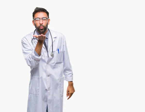 Adult Hispanic Doctor Man Isolated Background Looking Camera Blowing Kiss — Stock Photo, Image