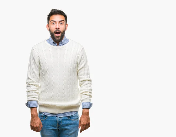 Adult Hispanic Man Wearing Winter Sweater Isolated Background Afraid Shocked — Stock Photo, Image