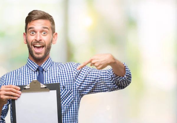 Young Handsome Business Man Holding Clipboard Isolated Background Very Happy — Stock Photo, Image