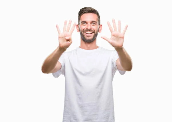 Joven Hombre Guapo Sobre Fondo Aislado Mostrando Señalando Hacia Arriba —  Fotos de Stock