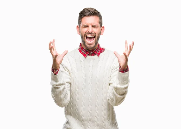 Joven Hombre Guapo Con Suéter Invierno Sobre Fondo Aislado Celebrando —  Fotos de Stock