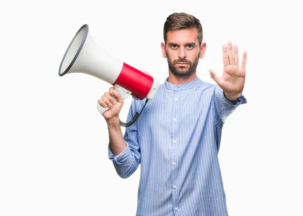 Young Handsome Man Yelling Megaphone Isolated Background Open Hand Doing — Stock Photo, Image