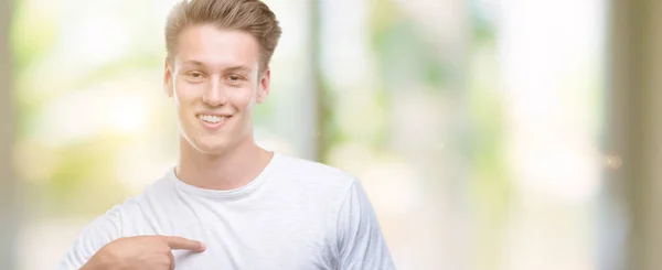 Young Handsome Blond Man Surprise Face Pointing Finger Himself — Stock Photo, Image