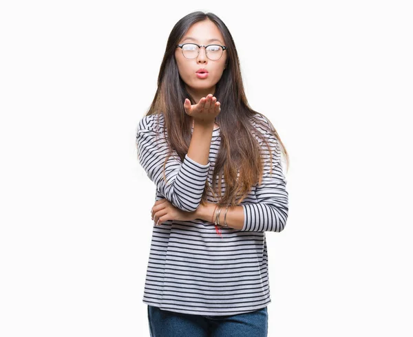 Young Asian Woman Wearing Glasses Isolated Background Looking Camera Blowing — Stock Photo, Image