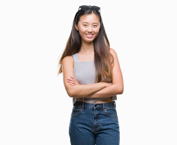 Junge Asiatische Frau Mit Sonnenbrille Über Isoliertem Hintergrund Glücklich Lächelnd — Stockfoto