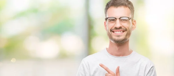 Young Tattooed Adult Man Cheerful Smile Face Pointing Hand Finger — Stock Photo, Image