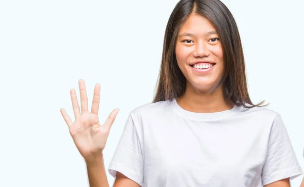 Jonge Aziatische Vrouw Geïsoleerde Achtergrond Weergeven Met Vingers Omhoog Nummer — Stockfoto