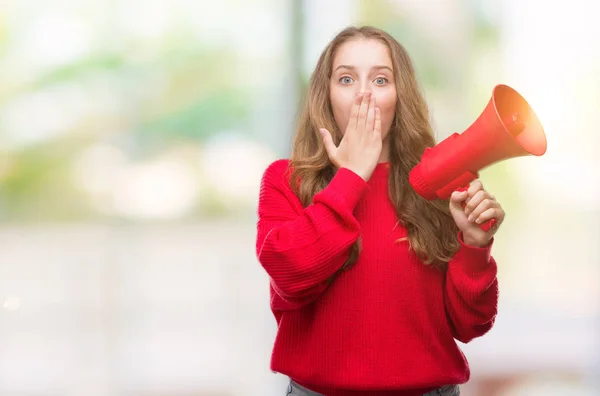 Young Blonde Woman Holding Red Megaphone Cover Mouth Hand Shocked — Stock Photo, Image