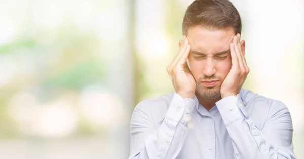 Stilig Ung Affärsman Med Handen Huvudet För Smärta Huvudet Eftersom — Stockfoto