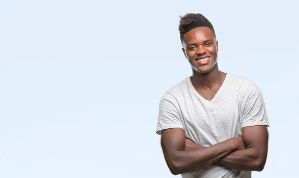 Jovem Afro Americano Sobre Fundo Isolado Rosto Feliz Sorrindo Com — Fotografia de Stock