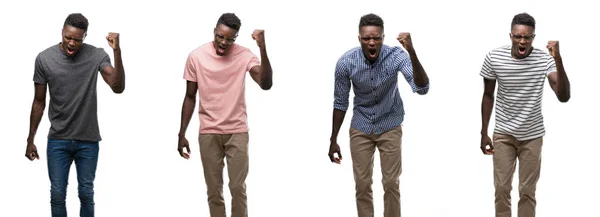 Colagem Homem Afro Americano Vestindo Roupas Diferentes Irritado Louco Levantando — Fotografia de Stock