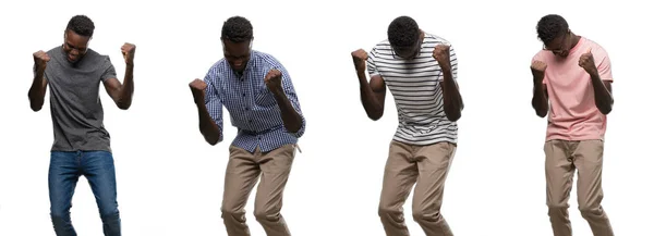 Collage Afroamerikanska Man Klädd Olika Outfits Mycket Glad Och Upphetsad — Stockfoto