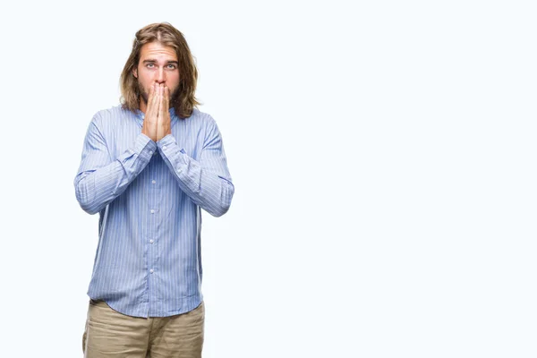 Young Handsome Man Long Hair Isolated Background Shocked Covering Mouth — Stock Photo, Image