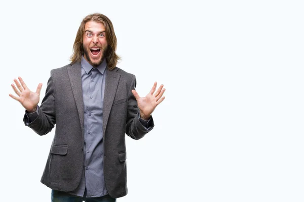 Young Handsome Business Man Long Hair Isolated Background Celebrating Crazy — Stock Photo, Image