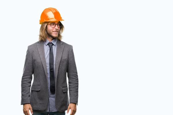 Giovane Bello Architec Uomo Con Capelli Lunghi Indossando Casco Sicurezza — Foto Stock