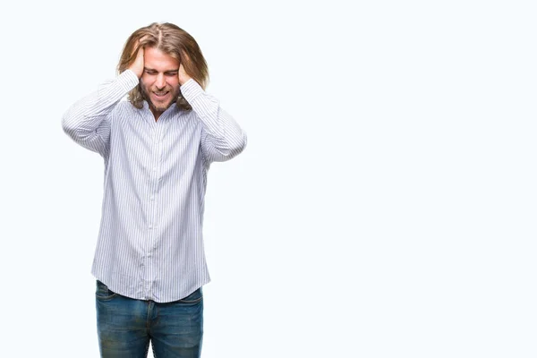 Young Handsome Man Long Hair Isolated Background Suffering Headache Desperate — Stock Photo, Image