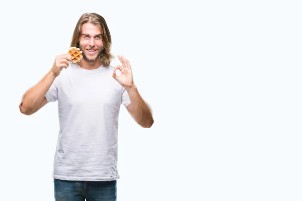 Young Handsome Man Long Hair Isolated Background Eating Waffle Doing — Stock Photo, Image