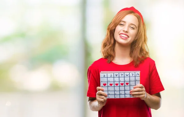 Młoda Piękna Kobieta Białym Tle Trzymając Miesiączki Kalendarza Szczęśliwy Twarz — Zdjęcie stockowe