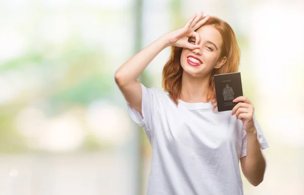 Jovem Bela Mulher Segurando Passaporte Canadá Sobre Fundo Isolado Com — Fotografia de Stock