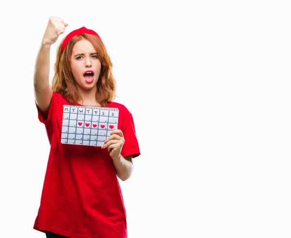 Mooie Jongedame Geïsoleerde Achtergrond Houden Menstruatie Kalender Boos Gefrustreerd Schreeuwen — Stockfoto