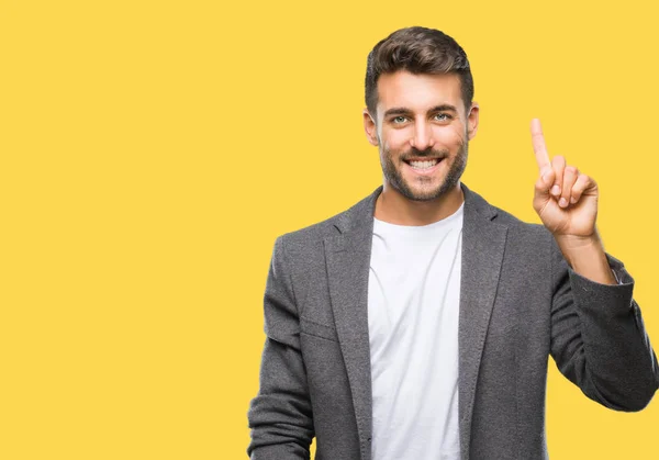 Joven Hombre Negocios Guapo Sobre Fondo Aislado Mostrando Apuntando Hacia — Foto de Stock