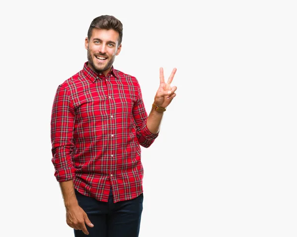 Jovem Homem Bonito Sobre Fundo Isolado Sorrindo Com Rosto Feliz — Fotografia de Stock