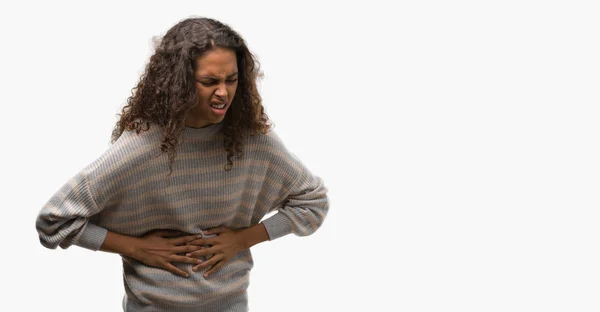 Beautiful Young Hispanic Woman Wearing Stripes Sweater Hand Stomach Because — Stock Photo, Image