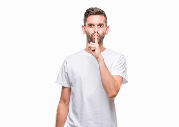 Young Handsome Man Isolated Background Asking Quiet Finger Lips Silence — Stock Photo, Image