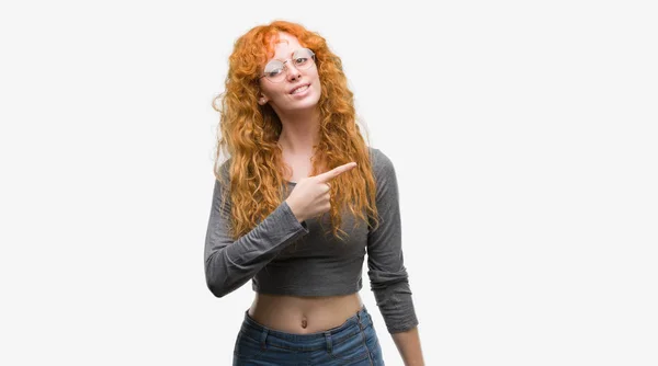 Young Redhead Woman Cheerful Smile Face Pointing Hand Finger Side — Stock Photo, Image