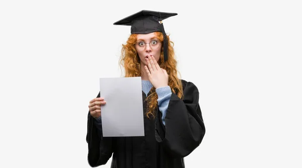 Young Redhead Woman Wearing Graduate Uniform Holding Degree Cover Mouth — Stock Photo, Image