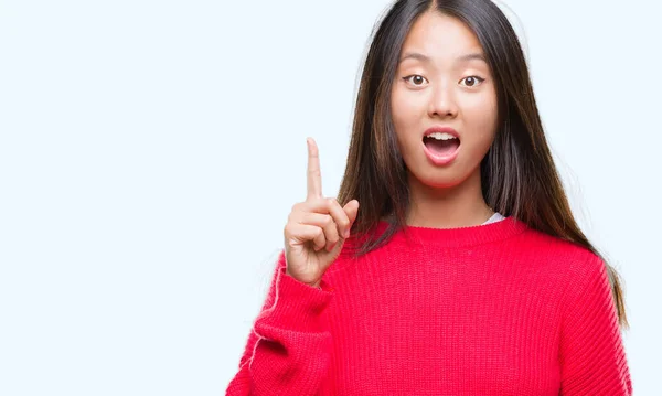 Mujer Asiática Joven Vistiendo Suéter Invierno Sobre Fondo Aislado Señalando —  Fotos de Stock