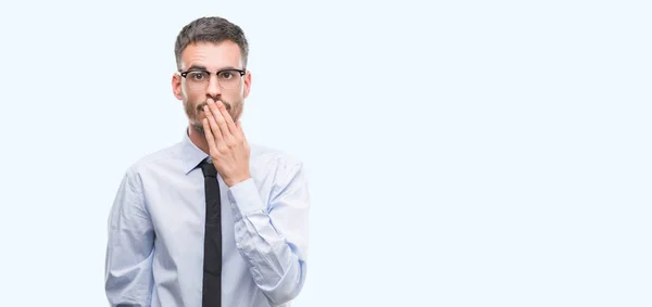 Young Business Man Cover Mouth Hand Shocked Shame Mistake Expression — Stock Photo, Image