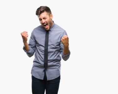 Gülümseyen ve başarı için çığlık genç yakışıklı iş adamı izole arka plan çok mutlu ve heyecanlı kaldırdı, silah ile kazanan jest yapıyor üzerinde. Kutlama kavramı.