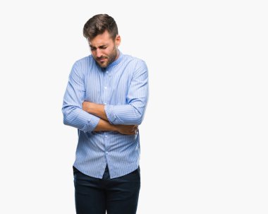 Genç yakışıklı adam izole mide üzerinde el ile arka plan çünkü mide bulantısı, ağrılı hastalık hasta hissediyor. Ağrısı kavramı.