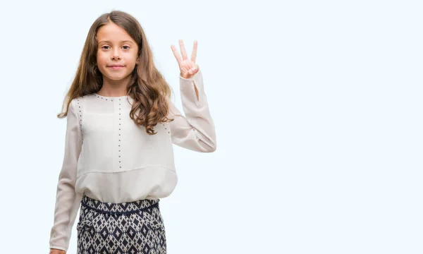Brunetka Dziewczynka Hiszpanin Wyświetlono Skierowaną Górę Palcami Numer Trzy Jednocześnie — Zdjęcie stockowe