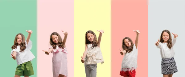 Kolaż Brunetka Dziewczynka Hiszpanin Sobie Różne Stroje Zatwierdzające Robi Pozytywny — Zdjęcie stockowe