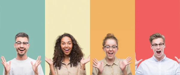 Collage Grupp Människor Isolerade Över Färgstarka Bakgrund Fira Galet Och — Stockfoto