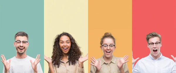 Collage Van Een Groep Mensen Geïsoleerd Kleurrijke Achtergrond Vieren Gek — Stockfoto