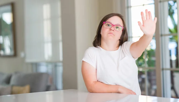 Syndrome Woman Home Open Hand Doing Stop Sign Serious Confident — Stock Photo, Image