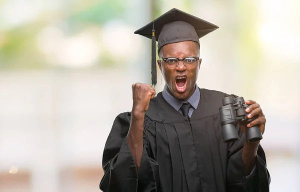 Young Graduated African American Man Looking Job Using Binoculars Annoyed — Stock Photo, Image