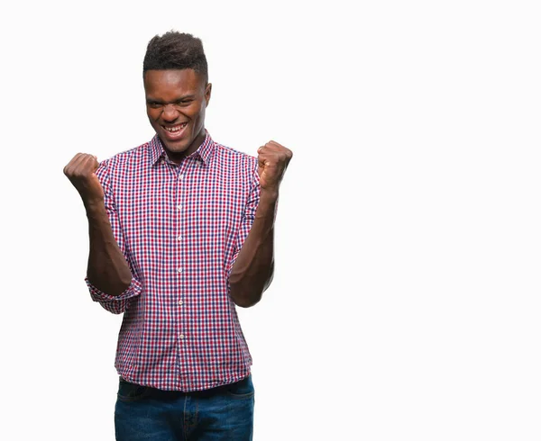 Afro Amerikai Fiatalember Több Mint Elszigetelt Háttér Ünneplő Meglepett Lenyűgözött — Stock Fotó