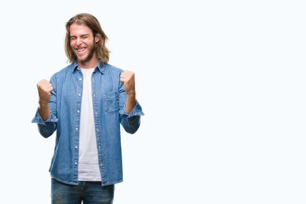 Homem Bonito Jovem Com Cabelos Longos Sobre Fundo Isolado Muito — Fotografia de Stock