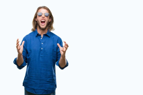 Young Handsome Man Long Hair Wearing Sunglasses Isolated Background Crazy — Stock Photo, Image