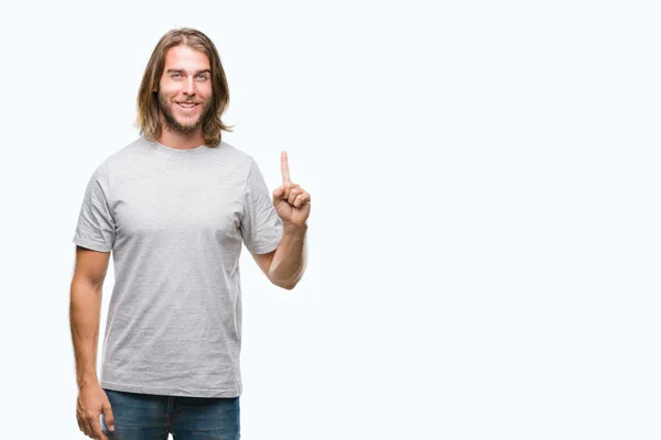 Young Handsome Man Long Hair Isolated Background Showing Pointing Finger — Stock Photo, Image