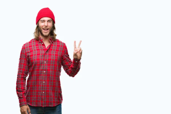 Young Handsome Man Long Hair Wearing Red Cap Isolated Background — Stock Photo, Image