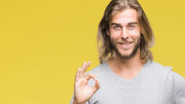 Joven Hombre Guapo Con Pelo Largo Sobre Fondo Aislado Sosteniendo —  Fotos de Stock